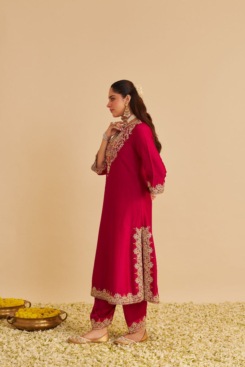 Areefa - Dabka Zardozi Embroidered Rich Banarasi Hotpink Suit & Salwar satin by SHEETAL BATRA in pink color for women in Singapore