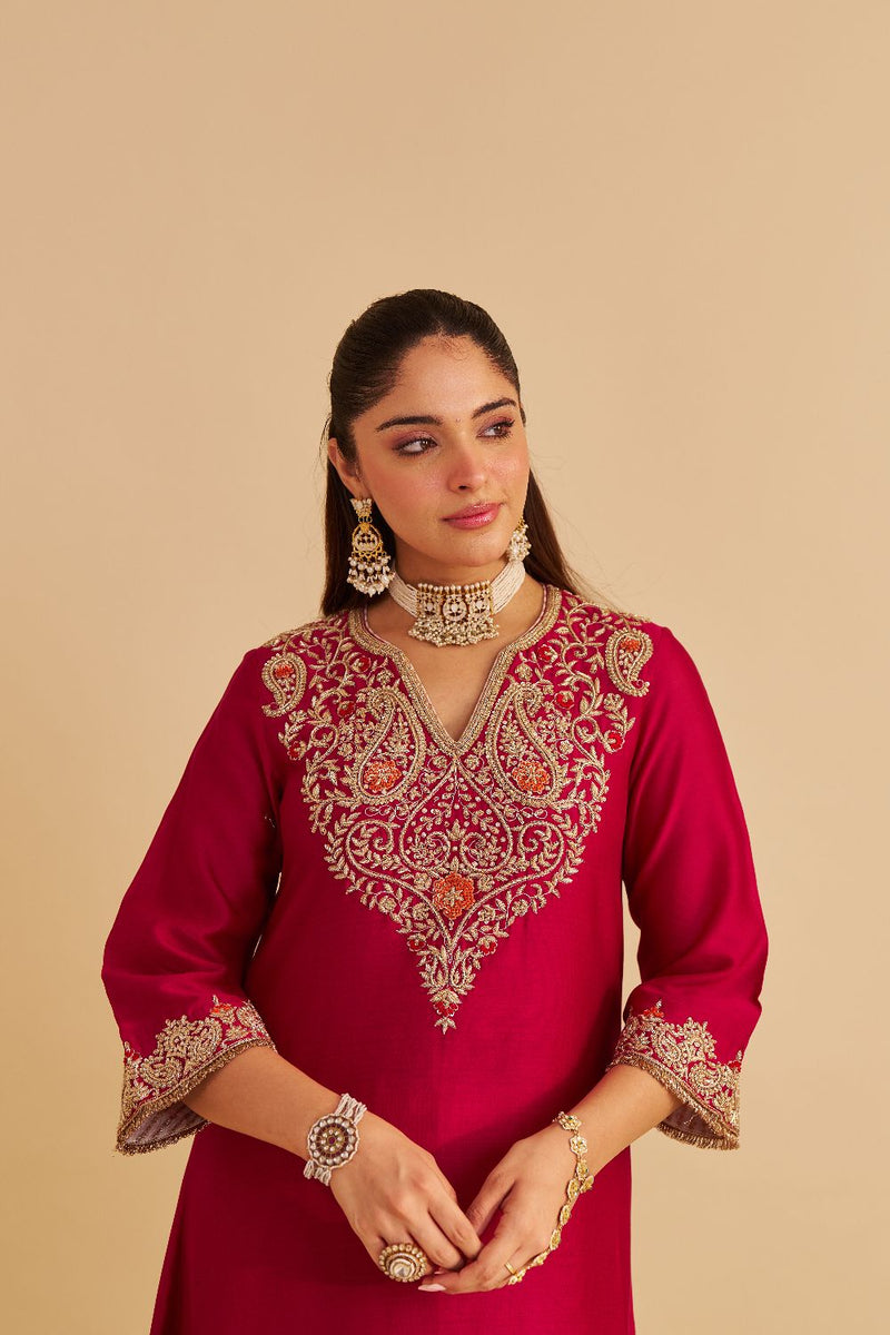 Areefa - Dabka Zardozi Embroidered Rich Banarasi Hotpink Suit & Salwar satin by SHEETAL BATRA in pink color for women in Singapore