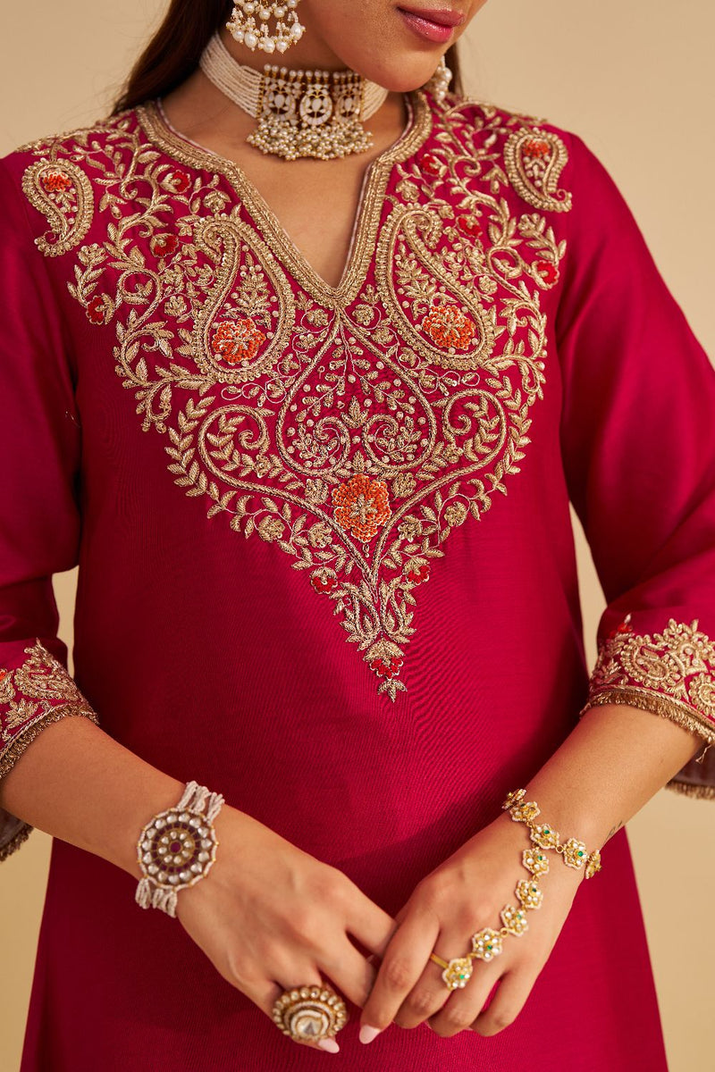 Areefa - Dabka Zardozi Embroidered Rich Banarasi Hotpink Suit & Salwar satin by SHEETAL BATRA in pink color for women in Singapore