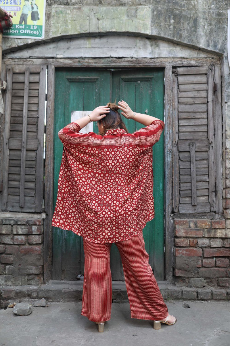 Surkh Red Ajrakh Antifit Co-ord Set