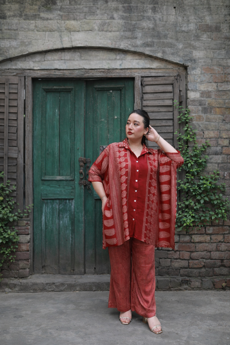 Surkh Red Ajrakh Antifit Co-ord Set