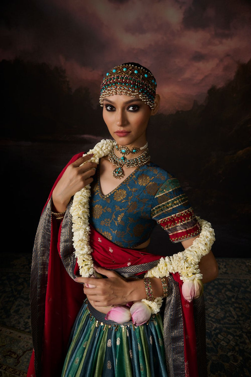 ASMA BLOUSE chanderi by SWATTI KAPOOR in teal color for women in Singapore