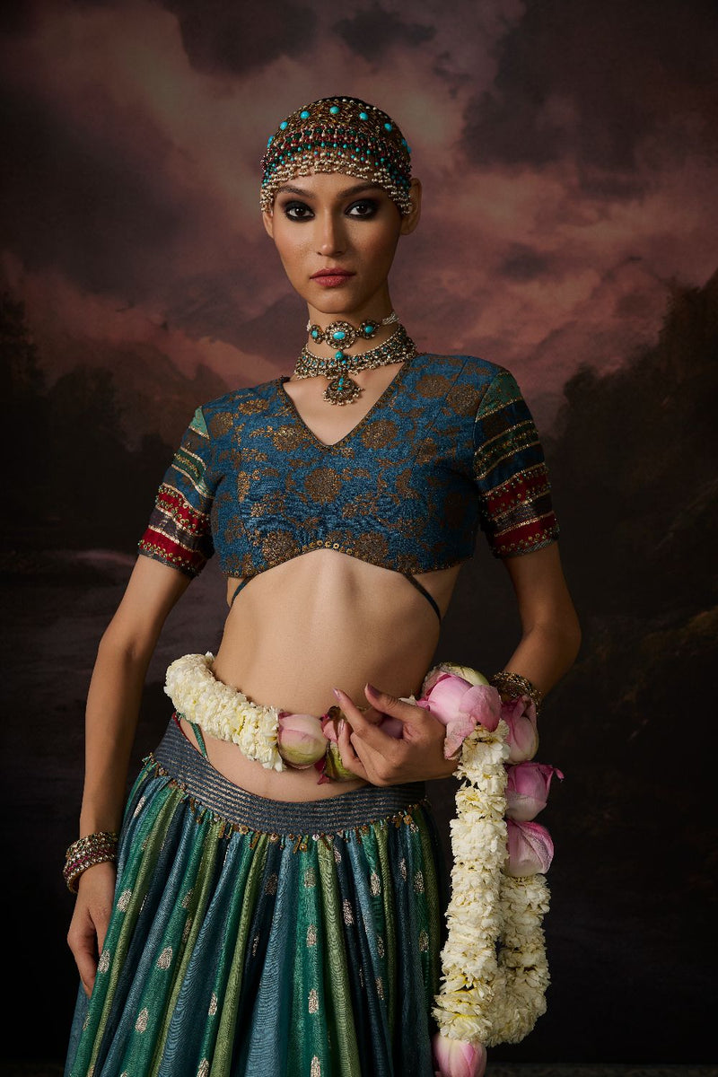 ASMA BLOUSE chanderi by SWATTI KAPOOR in teal color for women in Singapore