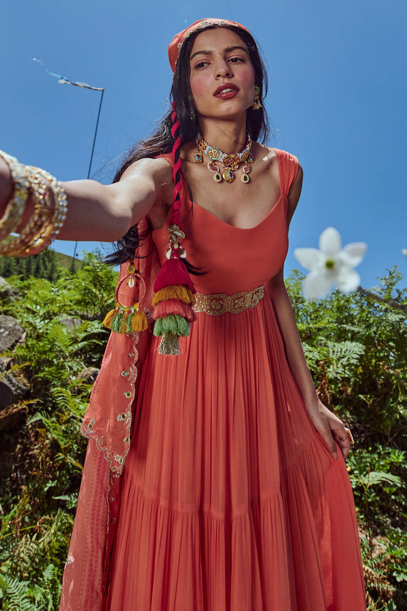 Astrid Anarkali Set georgettte by Paulmi & Harsh-kahan Sep'26 in orange for women in Singapore