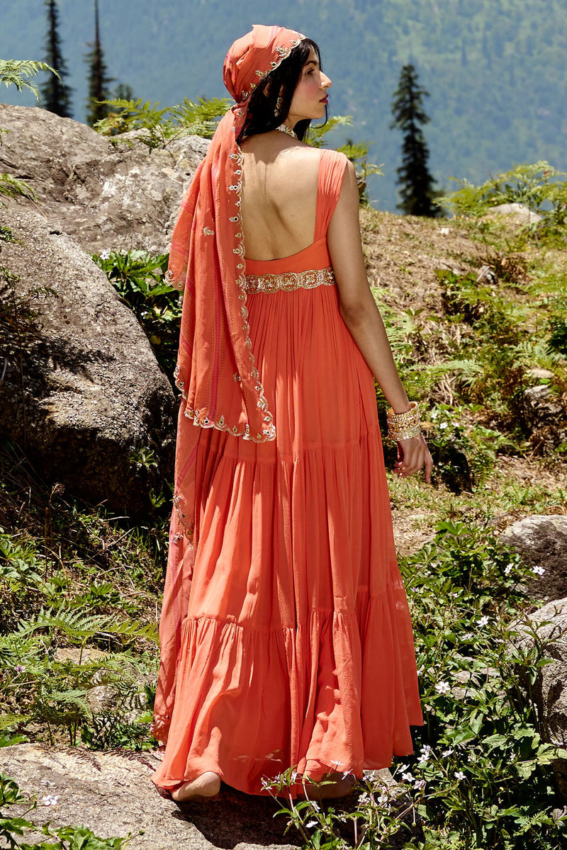 Astrid Anarkali Set georgettte by Paulmi & Harsh-kahan Sep'26 in orange for women in Singapore