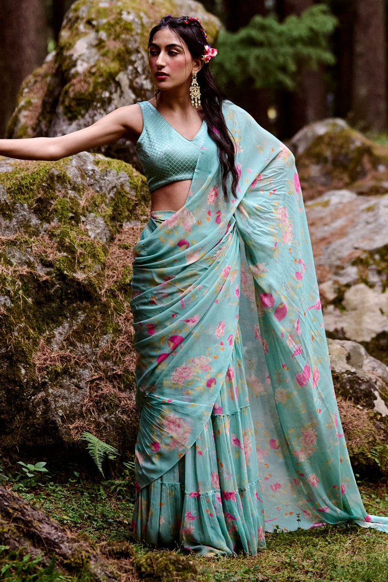 Avni Saree Set georgettte by Paulmi & Harsh-kahan Sep'26 in blue for women in Singapore
