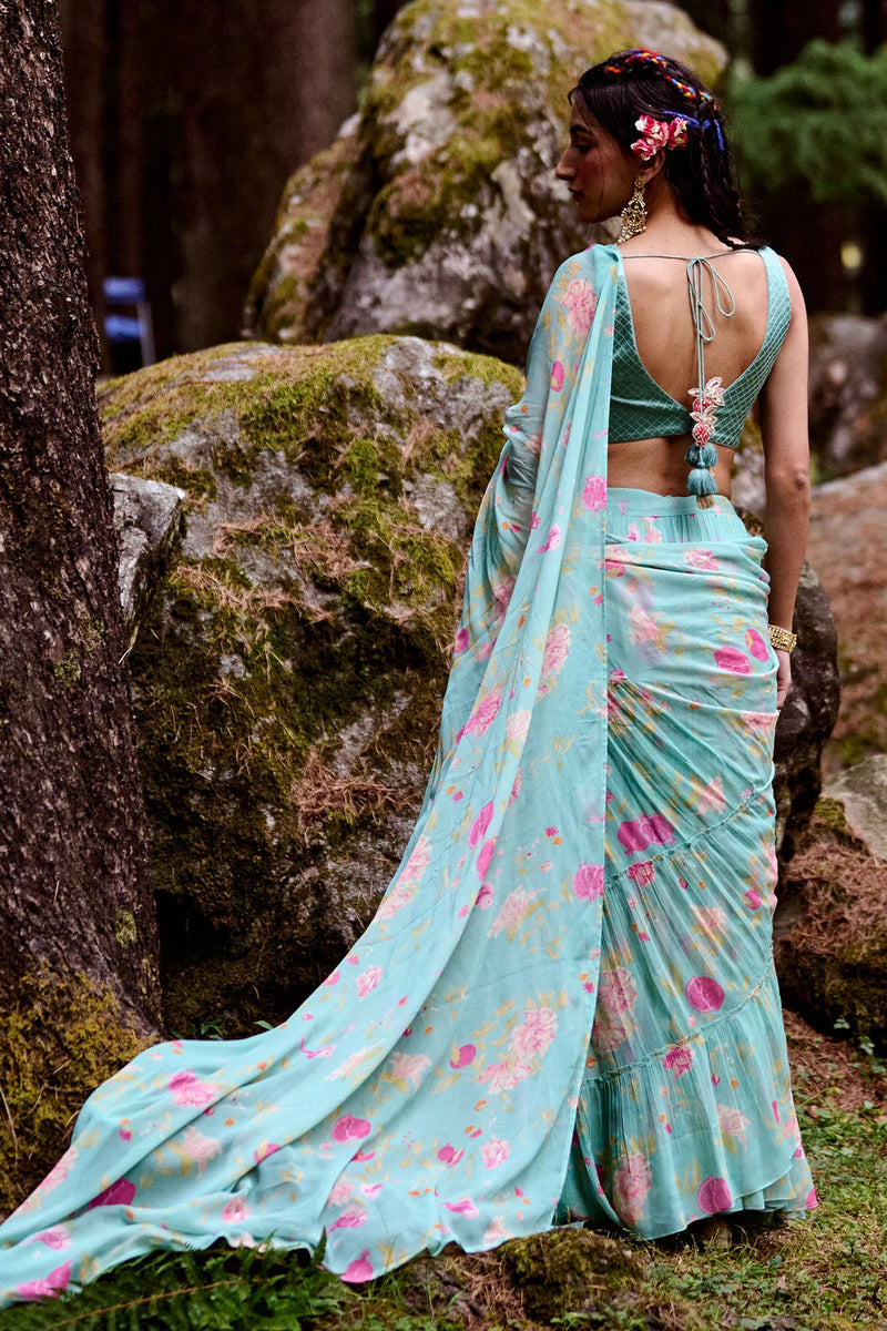 Avni Saree Set georgettte by Paulmi & Harsh-kahan Sep'26 in blue for women in Singapore