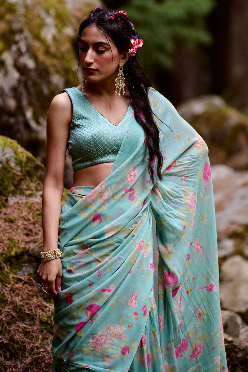 Avni Saree Set georgettte by Paulmi & Harsh-kahan Sep'26 in blue for women in Singapore