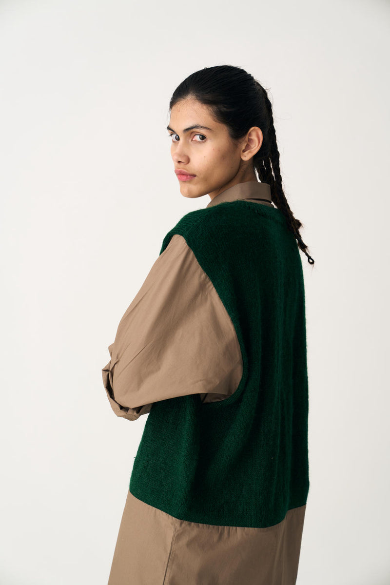 HAND KNITTED SWEATER VEST - EMERALD GREEN poplin by THREE in green color for women in Singapore