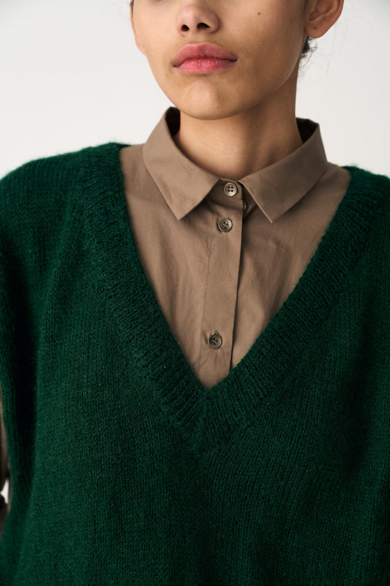HAND KNITTED SWEATER VEST - EMERALD GREEN poplin by THREE in green color for women in Singapore