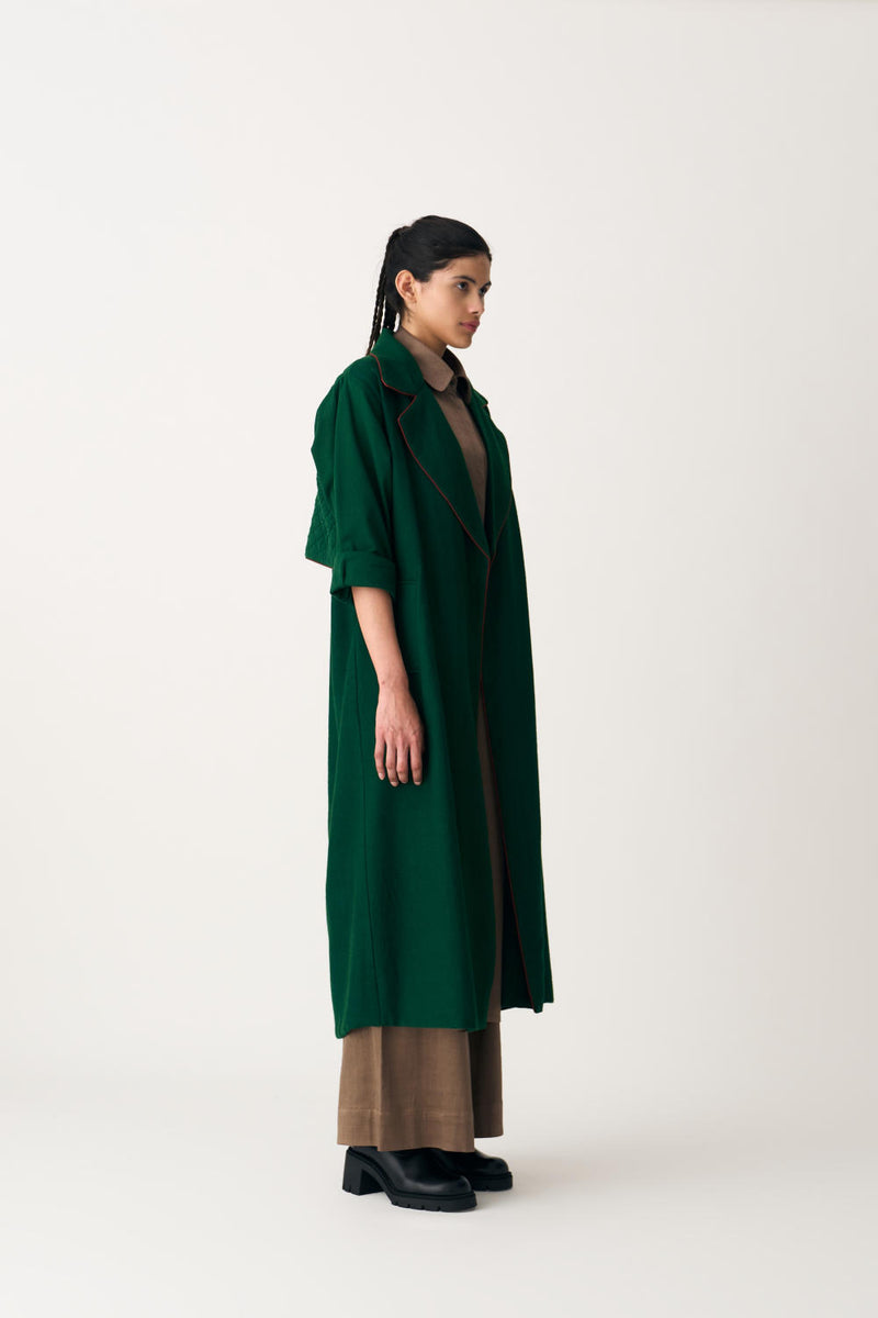 NOTCH COLLAR WOOLEN TRENCH OVERLAY - EMERALD GREEN by THREE in green color for women in Singapore