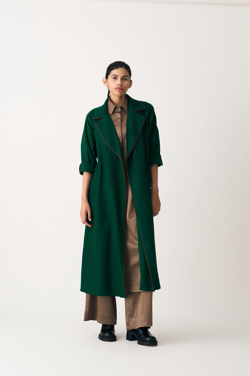 NOTCH COLLAR WOOLEN TRENCH OVERLAY CO-ORD (SET OF 4) cotton by THREE in brown color for women in Singapore