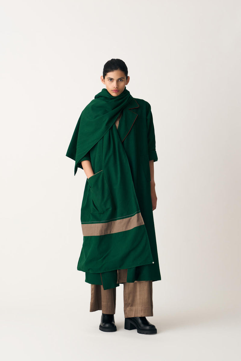 NOTCH COLLAR WOOLEN TRENCH OVERLAY CO-ORD (SET OF 4) cotton by THREE in brown color for women in Singapore