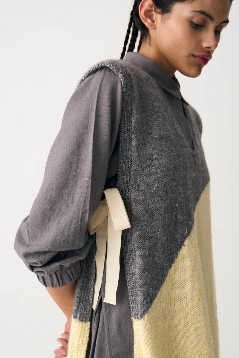 HAND KNITTED SIDE TIE SWEATER VEST - GREY by THREE in grey color for women in Singapore