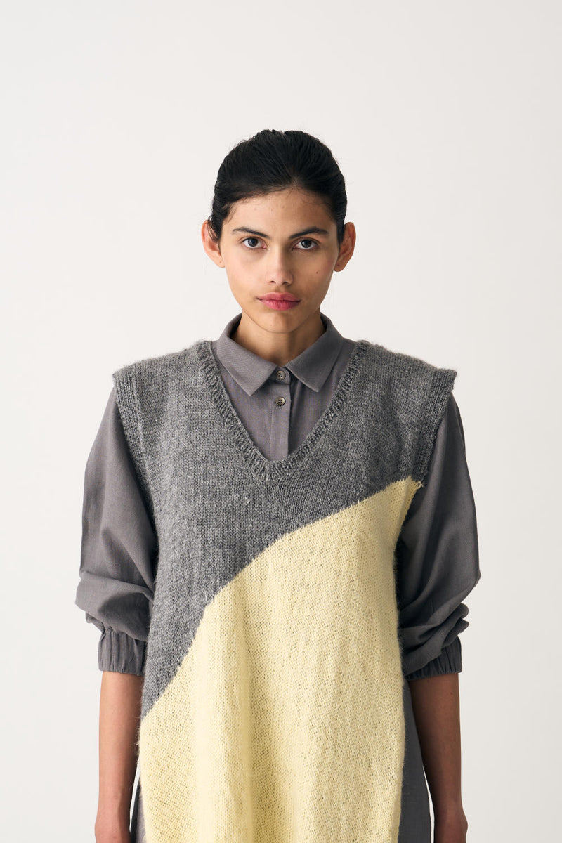 HAND KNITTED SIDE TIE SWEATER VEST - GREY by THREE in grey color for women in Singapore