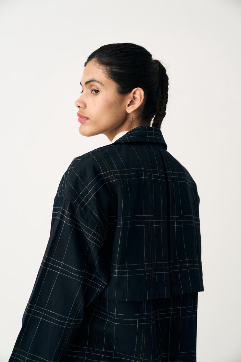 OVERLAP KAFTAN - BLACK CHECK cotton by THREE in black color for women in Singapore