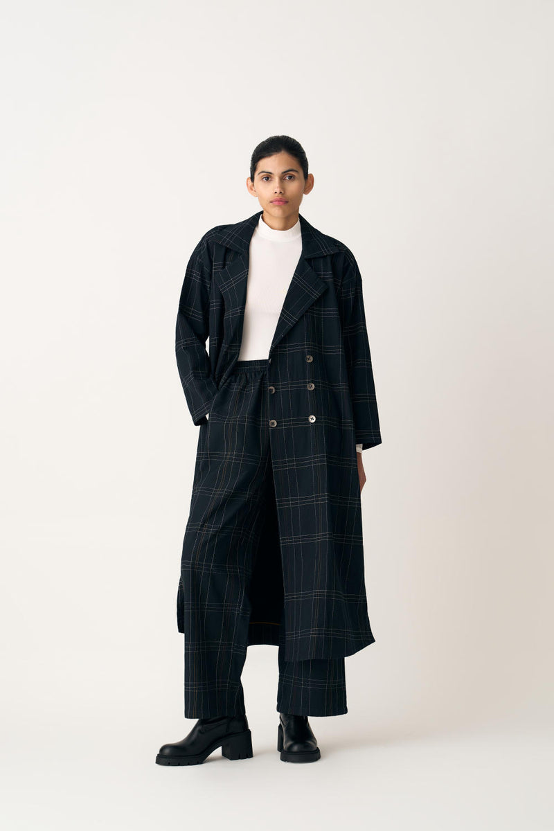OVERLAP KAFTAN - BLACK CHECK cotton by THREE in black color for women in Singapore