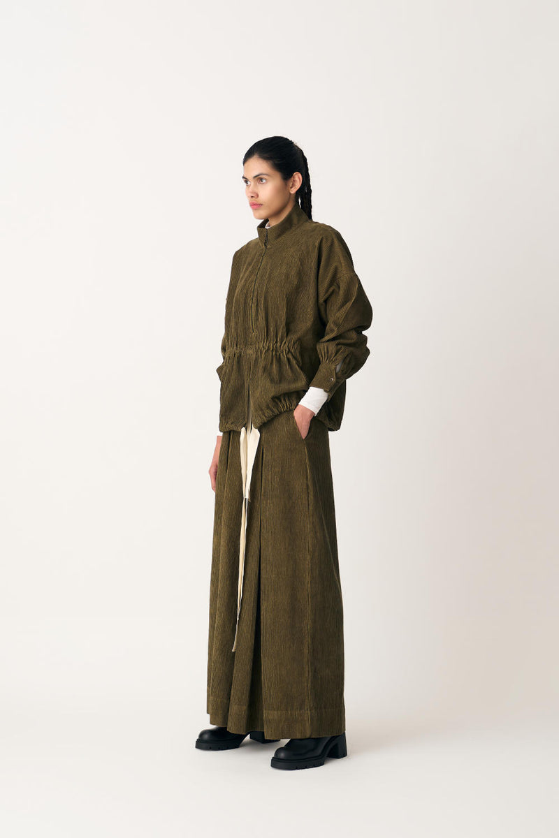 DRAWSTRING TOP - FOREST GREEN corduroy by THREE in green color for women in Singapore