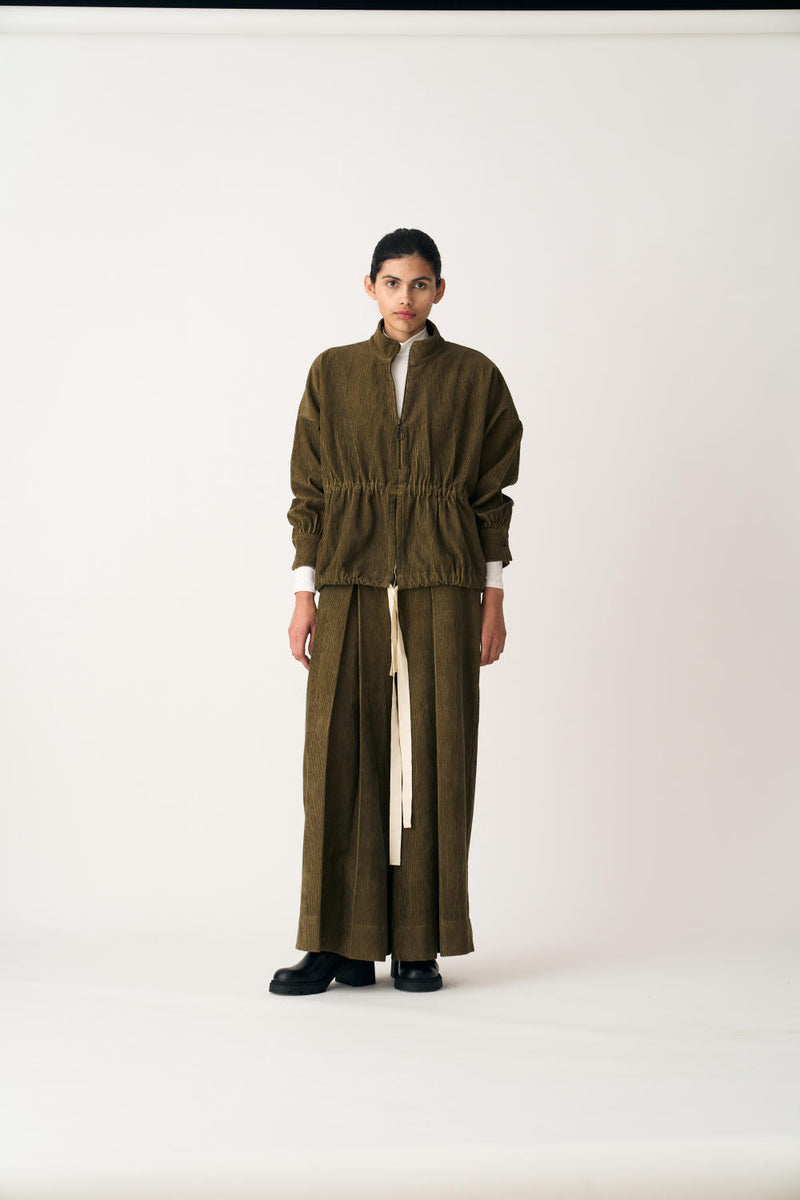 DRAWSTRING TOP - FOREST GREEN corduroy by THREE in green color for women in Singapore