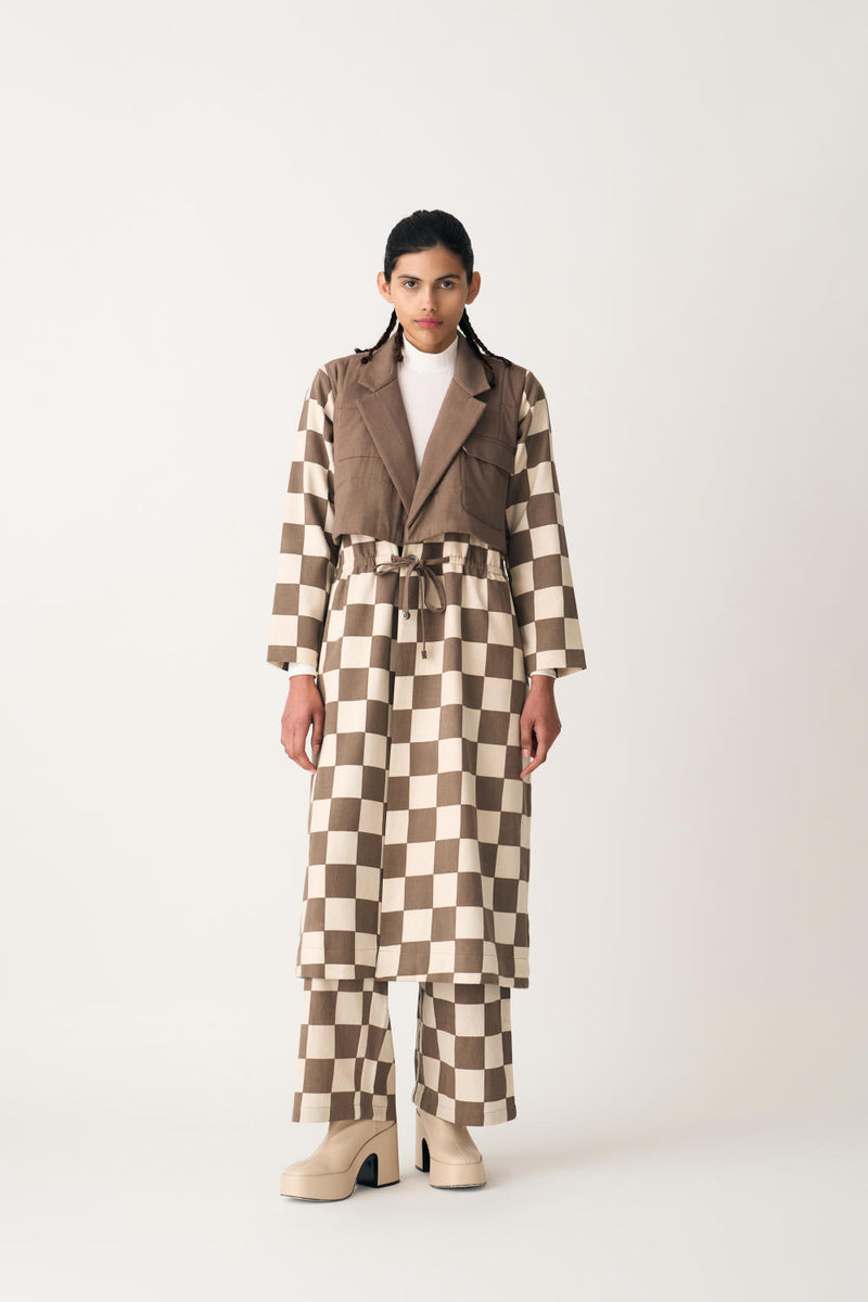 QUILTED YOKE TRENCH OVERLAY CO-ORD (SET OF 2) cotton by THREE in ivory color for women in Singapore
