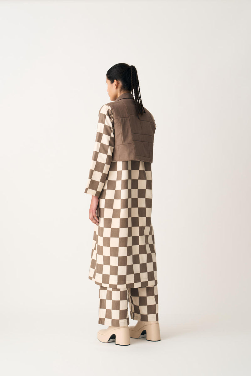 QUILTED YOKE TRENCH OVERLAY - UMBER CHECK cotton by THREE in brown color for women in Singapore