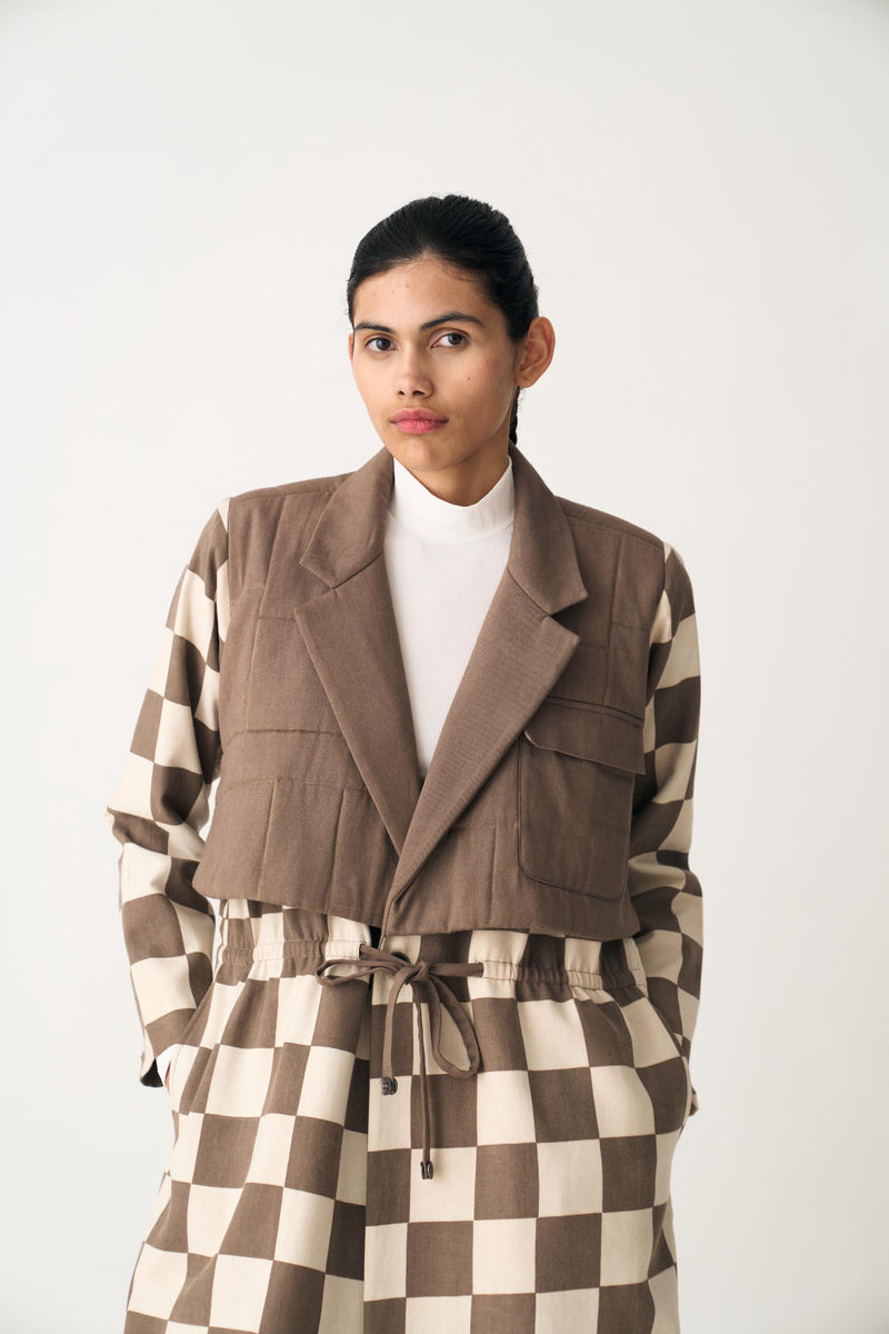 QUILTED YOKE TRENCH OVERLAY - UMBER CHECK cotton by THREE in brown color for women in Singapore