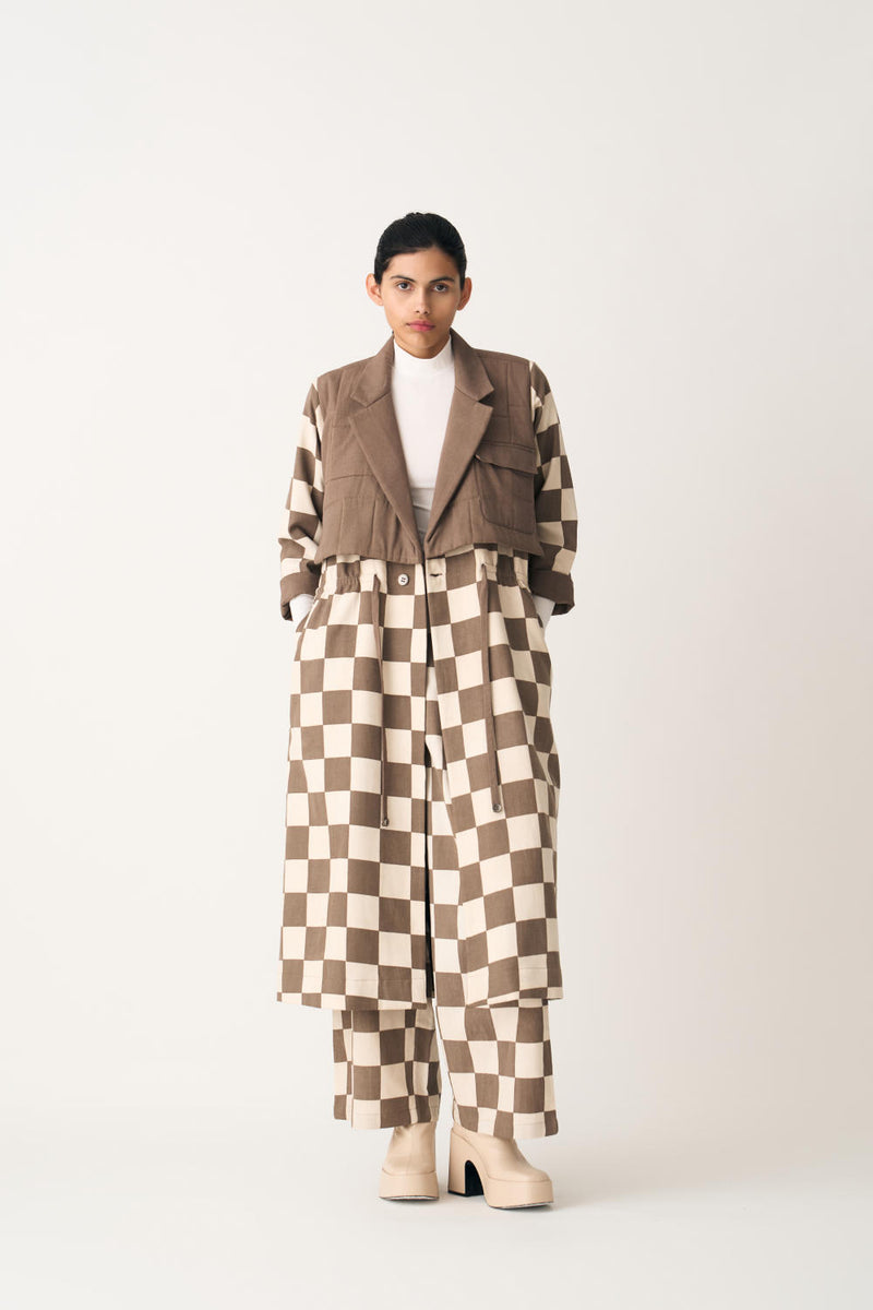 QUILTED YOKE TRENCH OVERLAY CO-ORD (SET OF 2) cotton by THREE in ivory color for women in Singapore