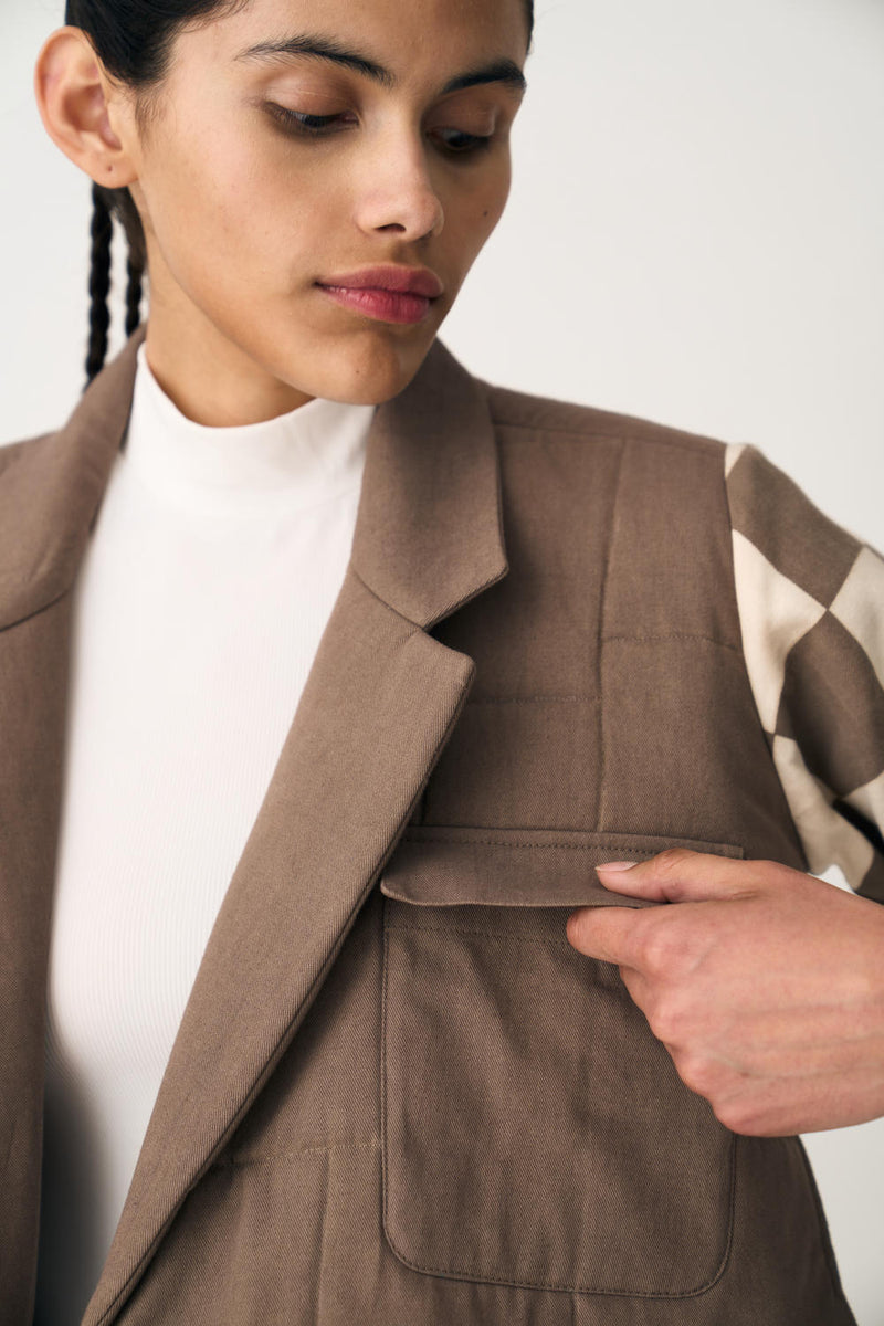 QUILTED YOKE TRENCH OVERLAY - UMBER CHECK cotton by THREE in brown color for women in Singapore