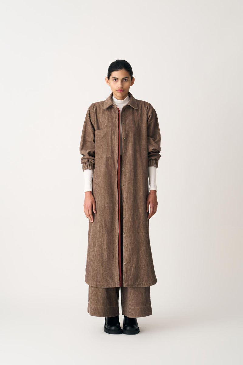 EVERYDAY U-HEM SHIRT CO-ORD (SET OF 2) corduroy by THREE in brown color for women in Singapore