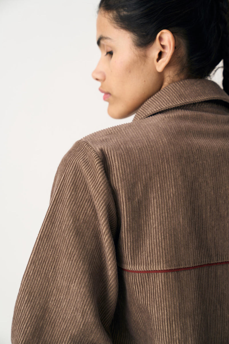 EVERYDAY U-HEM SHIRT CO-ORD (SET OF 2) corduroy by THREE in brown color for women in Singapore
