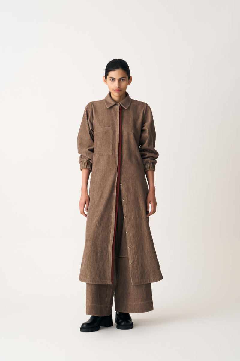 EVERYDAY U-HEM SHIRT CO-ORD (SET OF 2) corduroy by THREE in brown color for women in Singapore