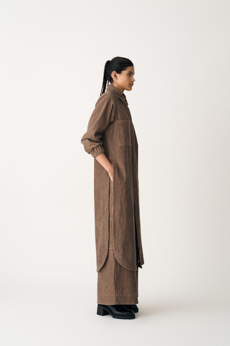 EVERYDAY U-HEM SHIRT CO-ORD (SET OF 2) corduroy by THREE in brown color for women in Singapore