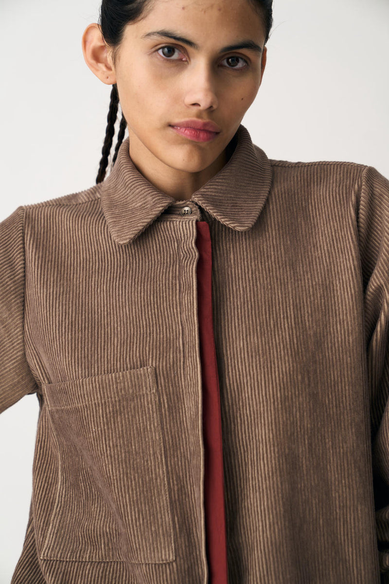 EVERYDAY U-HEM SHIRT CO-ORD (SET OF 2) corduroy by THREE in brown color for women in Singapore