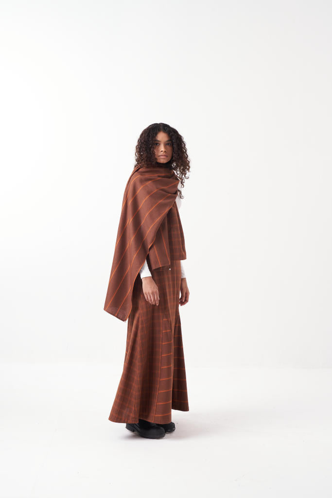 PANELED SCARF-BROWN by THREE in brown color for women in Singapore