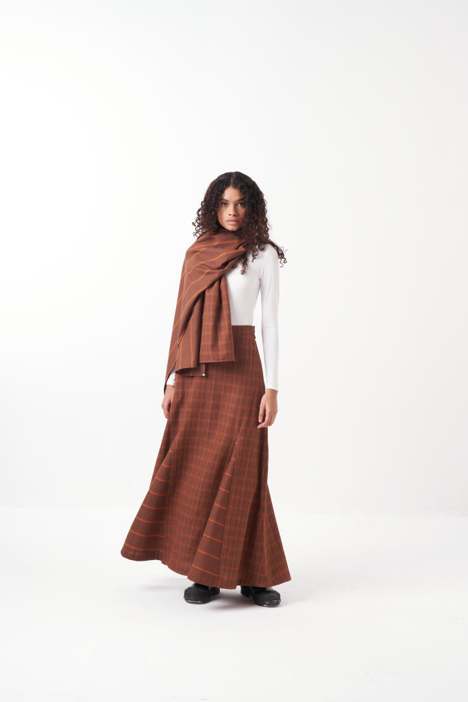 PANELED SCARF-BROWN by THREE in brown color for women in Singapore