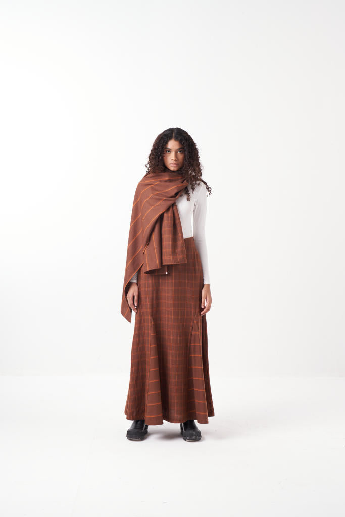 PANELED SCARF-BROWN by THREE in brown color for women in Singapore