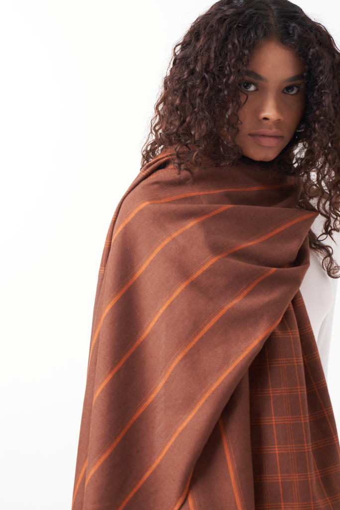 PANELED SCARF-BROWN by THREE in brown color for women in Singapore