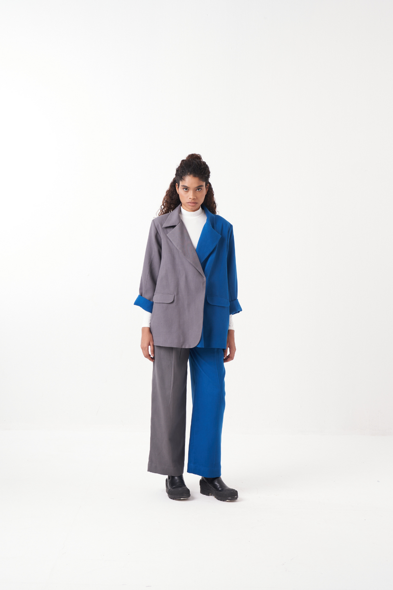 TWO TONE JACKET CO-ORD (SET OF 2)-ELECTRIC BLUE/GREY by THREE in brown color for women in Singapore