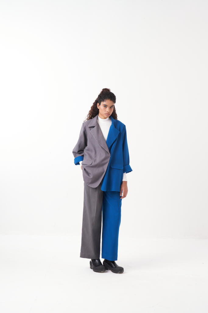 TWO TONE JACKET CO-ORD (SET OF 2)-ELECTRIC BLUE/GREY by THREE in brown color for women in Singapore