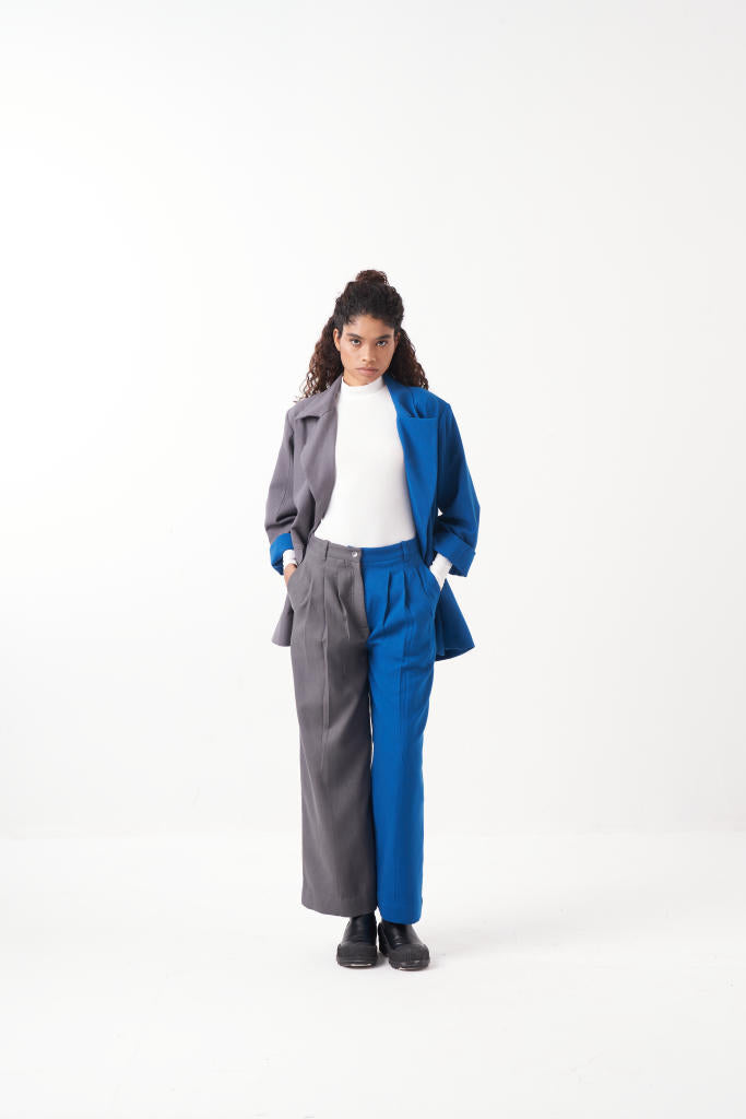 TWO TONE JACKET CO-ORD (SET OF 2)-ELECTRIC BLUE/GREY by THREE in brown color for women in Singapore
