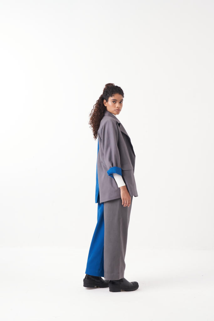 TWO TONE JACKET CO-ORD (SET OF 2)-ELECTRIC BLUE/GREY by THREE in brown color for women in Singapore