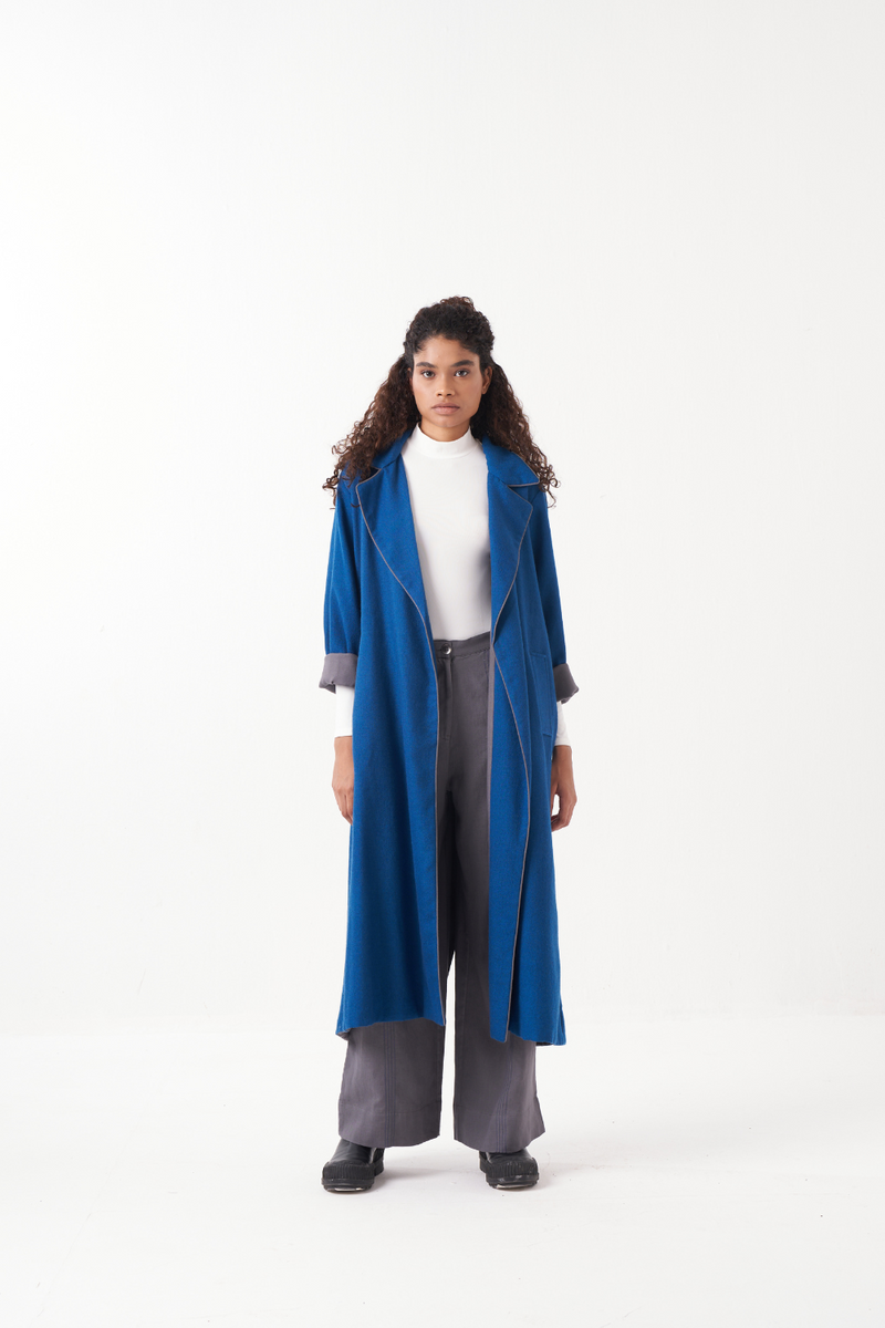 NOTCH COLLAR EMB. WOOLEN JACKET + GREY PANT by THREE in blue color for women in Singapore