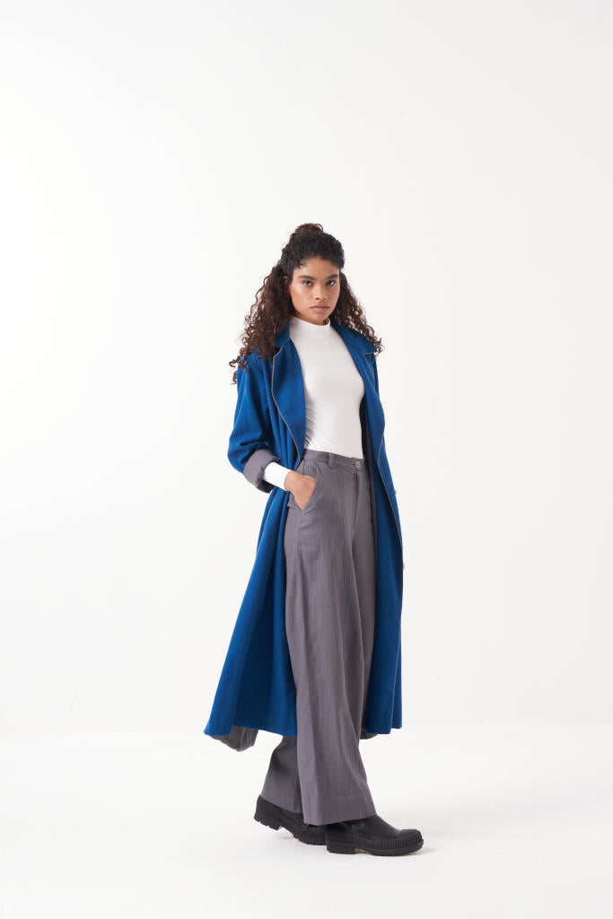 NOTCH COLLAR EMB. WOOLEN JACKET + GREY PANT by THREE in blue color for women in Singapore
