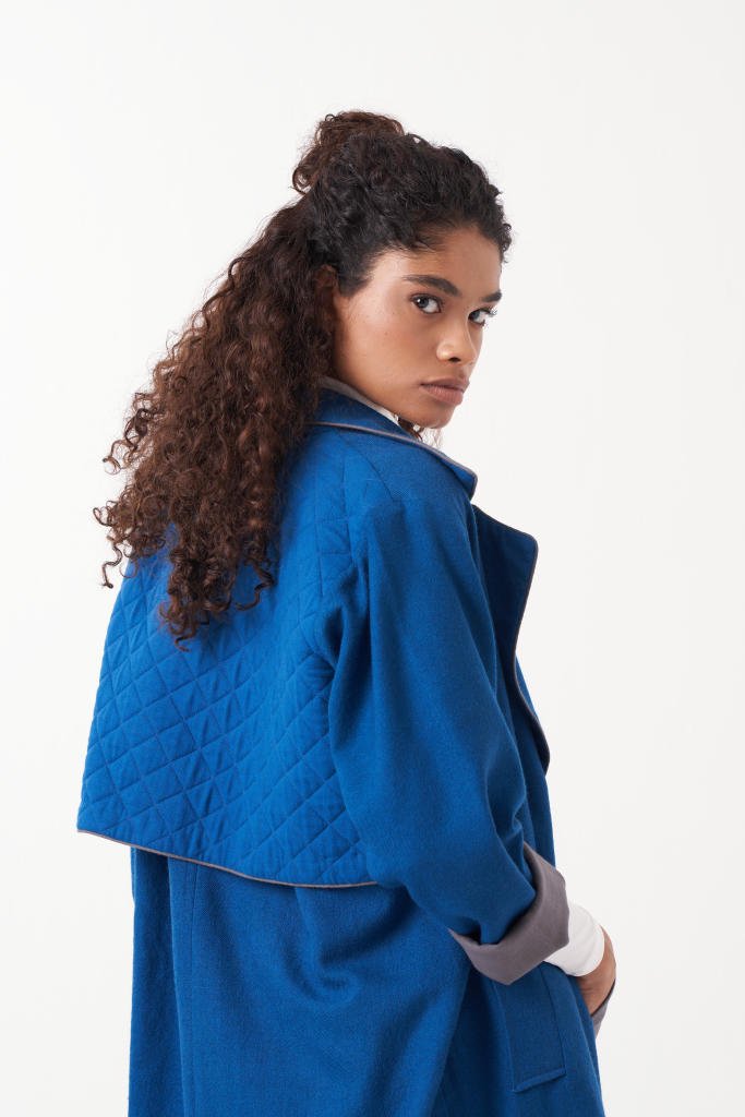 NOTCH COLLAR WOOL TRENCH JACKET-ELECTRIC BLUE by THREE in blue color for women in Singapore