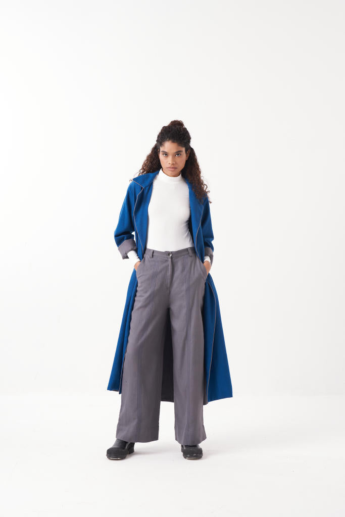 NOTCH COLLAR EMB. WOOLEN JACKET + GREY PANT by THREE in blue color for women in Singapore