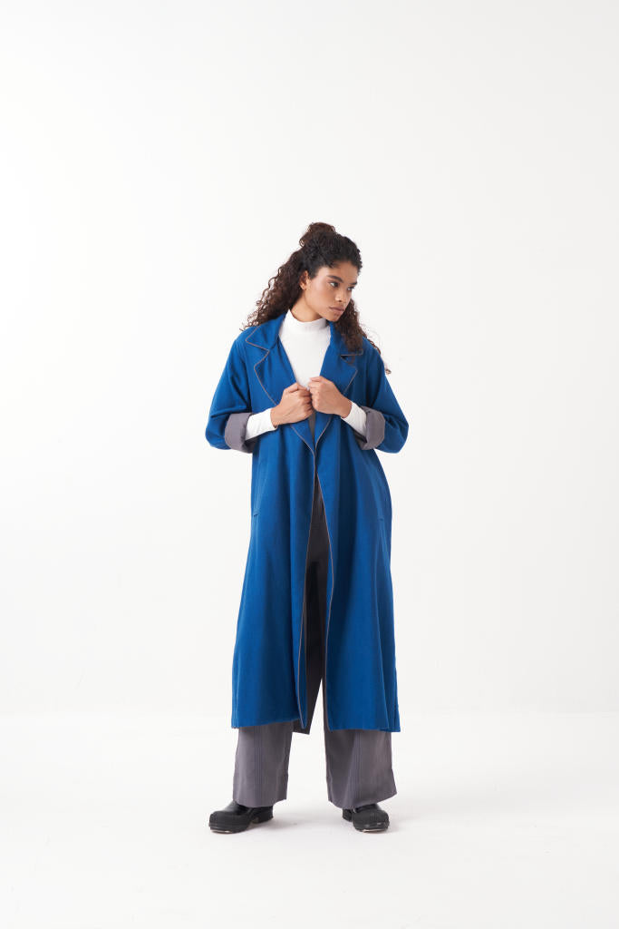 NOTCH COLLAR EMB. WOOLEN JACKET CO-ORD (SET OF 3) by THREE in blue color for women in Singapore