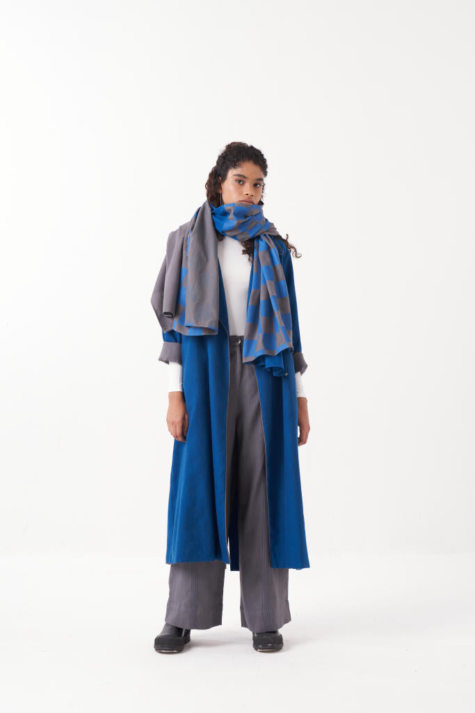 NOTCH COLLAR EMB. WOOLEN JACKET CO-ORD (SET OF 3) by THREE in blue color for women in Singapore