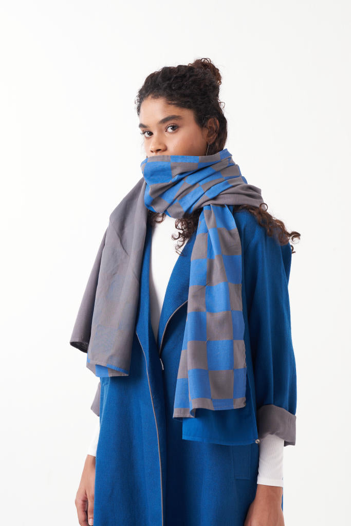 NOTCH COLLAR EMB. WOOLEN JACKET CO-ORD (SET OF 3) by THREE in blue color for women in Singapore