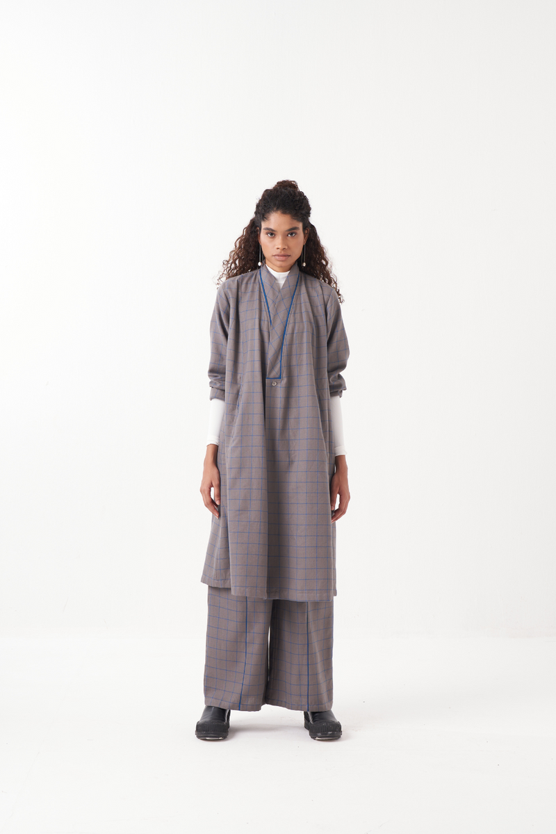 WRAP COLLAR EMB. CHECK CO-ORD (SET OF 2)-GREY CHECK by THREE in grey color for women in Singapore