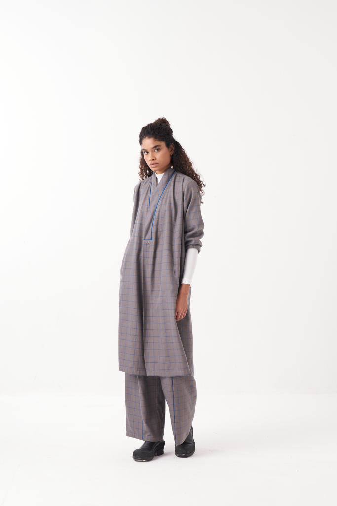 WRAP COLLAR EB CHECK-GREY CHECK by THREE in grey color for women in Singapore